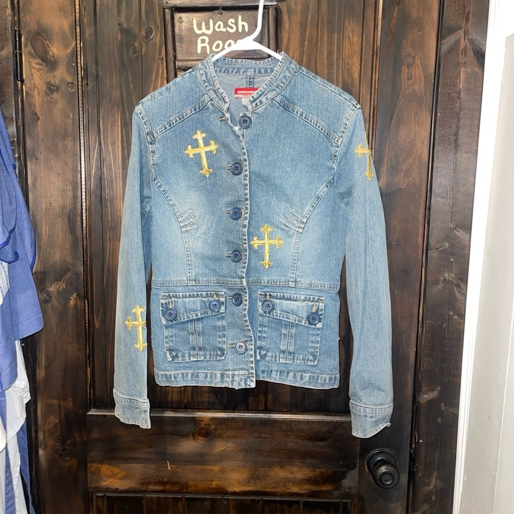 UNIONBAY Blue Denim Jacket with Yellow Embroidery Cross themed